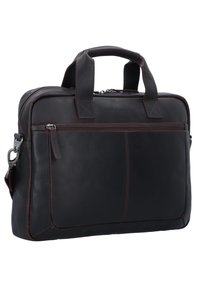 Braune Leder-Laptoptasche mit zwei oberen Griffen, einer mit Reißverschluss versehenen Vordertasche und glatter Oberfläche. Mit braunen Nähten und Befestigung für einen Schultergurt.