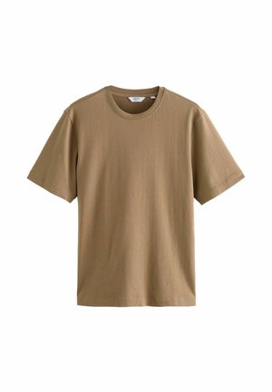 Short-sleeve, crew-neck t-shirt in a light brown color, made from soft, smooth fabric with a regular fit and no visible patterns or logos.