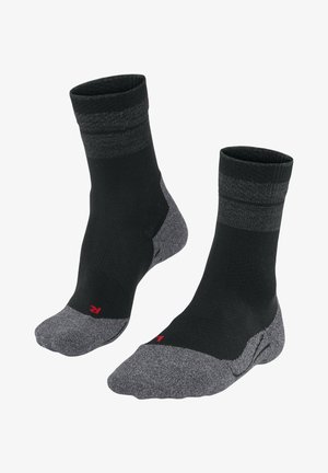 Black socks with gray heels and toes, featuring a ribbed design and contrasting top bands. Includes small red logo on the side.
