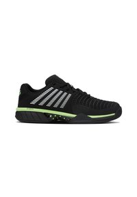 Pantofii sport negri au un superior texturat cu accente albe și verzi. Talpa include detalii verzi și un design unic cu model.