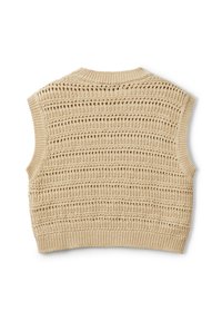 Top senza maniche lavorato a maglia beige con un motivo traforato, bande texturizzate e un collo a coste. Il retro è liscio con una leggera elasticità.
