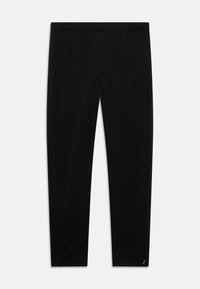 Pantalones deportivos negros con una cintura elástica, forma ajustada y cremalleras en los tobillos. Fabricados con un tejido suave y elástico.