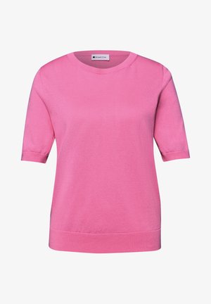 Maglione rosa a maniche corte in maglia con scollo rotondo e polsini e orlo a coste, con etichetta "Street One" all'interno del colletto.