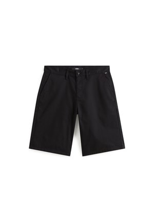 Black shorts made of lightweight fabric, featuring a flat front, belt loops, two side pockets, and a single back pocket.