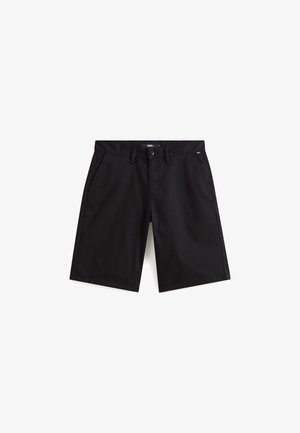 Czarne szorty wykonane z lekkiego materiału, z płaskim przodem, szlufkami na pasek, dwoma bocznymi kieszeniami i jedną tylną kieszenią.