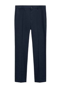 Pantaloni blu navy in tessuto texturizzato, chiusura con bottone e due tasche anteriori. Design a gamba dritta su misura, adatti per abbigliamento formale.