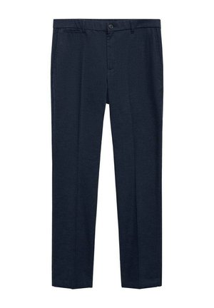 Pantaloni blu navy in tessuto texturizzato, chiusura con bottone e due tasche anteriori. Design a gamba dritta su misura, adatti per abbigliamento formale.