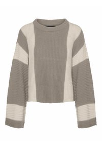 Pull tricoté avec un col rond, présentant de larges rayures horizontales en gris clair et crème. Matière texturée et coupe courte.