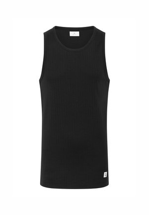 Zwarte mouwloze tanktop van ribstof, met een ronde halslijn en een klein logolabel aan de zoom. Eenvoudig, getailleerd ontwerp.