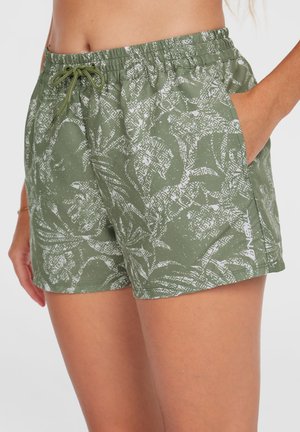 Groene shorts met een verstelbare tailleband, zijzakken en een wit bladmuster op een gestructureerde stof. O'Neill-logo op de zoom.