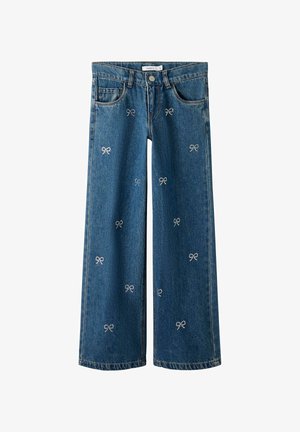 Vide benbukse i blå denim med hvite broderte sløyfemønstre og frontlommer. Har metallknapp og glidelåslukking.