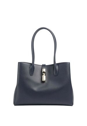 Donkerblauwe leren shopper met twee lange handvatten en een zilveren sluiting middenvoor.