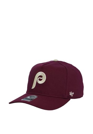 Maroon baseball cap with beige stylized "P" logo on front and "'47" embroidered on side, curved brim, and adjustable back strap.