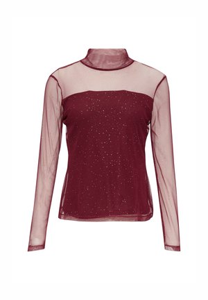 Bordowy top z długim rękawem, wykonany z przezroczystej siateczki i z wysokim kołnierzem. Posiada gładką panelę z przodu, ozdobioną drobnymi błyskotkami.