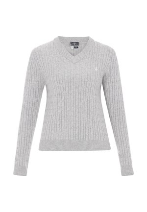 Grijze gebreide trui met V-hals, ribbelstructuur en lange mouwen. Kleine logo-accent op de linkerkant van de borst.