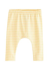 Gelbe karierte Baby-Leggings mit elastischem Bund, aus einem weichen, leichten Stoff und mit einem Schrittkomfort-Design für mehr Bewegungsfreiheit.