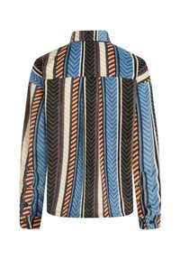 Fleece shirt with bold herringbone patterns in blue, brown, black, and cream. Features a collared neck and buttoned cuffs.