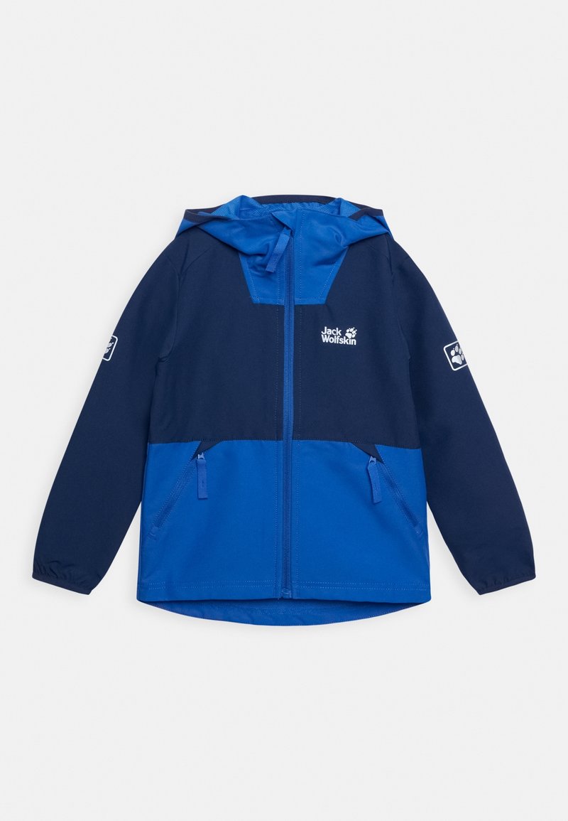Modrá a námořnická mikina s kapucí, se zapínáním na přední straně, dvěma kapsami na zip, elastickými manžetami a bílým logem Jack Wolfskin na hrudi a rukávech.