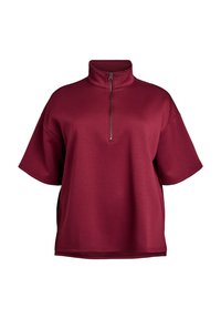 Burgunderfarbenes Halbhzip-Pulloveroberteil mit kurzen Ärmeln, aus weichem Stoff gefertigt, mit einem Stehkragen und einem eleganten Reißverschlussdetail.
