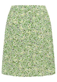 Grøn blomsterne nederdel med en lys grøn baggrund, elastisk talje og spredte mønstre i forskellige nuancer af grøn med små blomsterdetaljer.