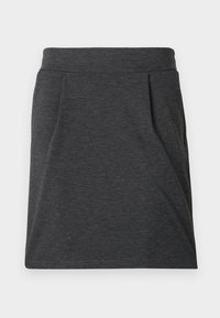 Šedá sukně ke kolenům vyrobená z hladké látky s pasem a dvěma bočními plisovanými záhyby. Jednoduchý design, bez viditelných vzorů nebo akcentů.