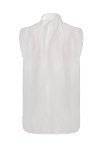 Blusa bianca senza maniche con colletto, caratterizzata da un dettaglio arricciato sul retro e da un tessuto liscio, leggermente testurizzato.