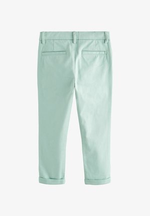 Pantaloni verde menta chiaro con una texture liscia, con risvolti e tasche posteriori doppie. Materiale in cotone con una vestibilità sartoriale.