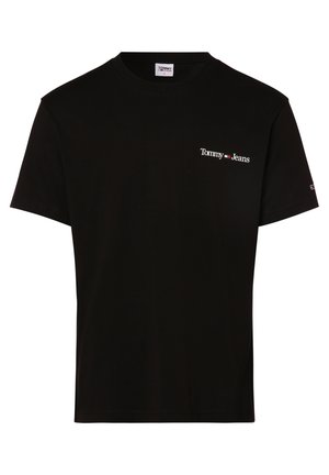 Schwarzes Baumwoll-T-Shirt mit kurzen Ärmeln, rundem Ausschnitt und weißem Logo-Text auf der linken Brust. Sauberes Design, keine zusätzlichen Muster oder Grafiken.