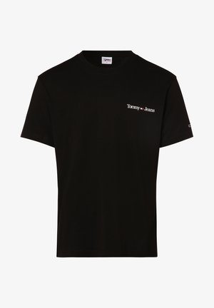 Zwarte katoenen T-shirt met korte mouwen, ronde halslijn en een witte logo tekst op de linkerborst. Eenvoudig ontwerp, geen extra patronen of graphics.