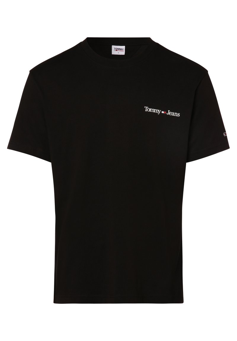 Sort bomulds t-shirt med korte ærmer, rund halsudskæring og en hvid logo tekst på venstre bryst. Renset design, ingen yderligere mønstre eller grafikker.