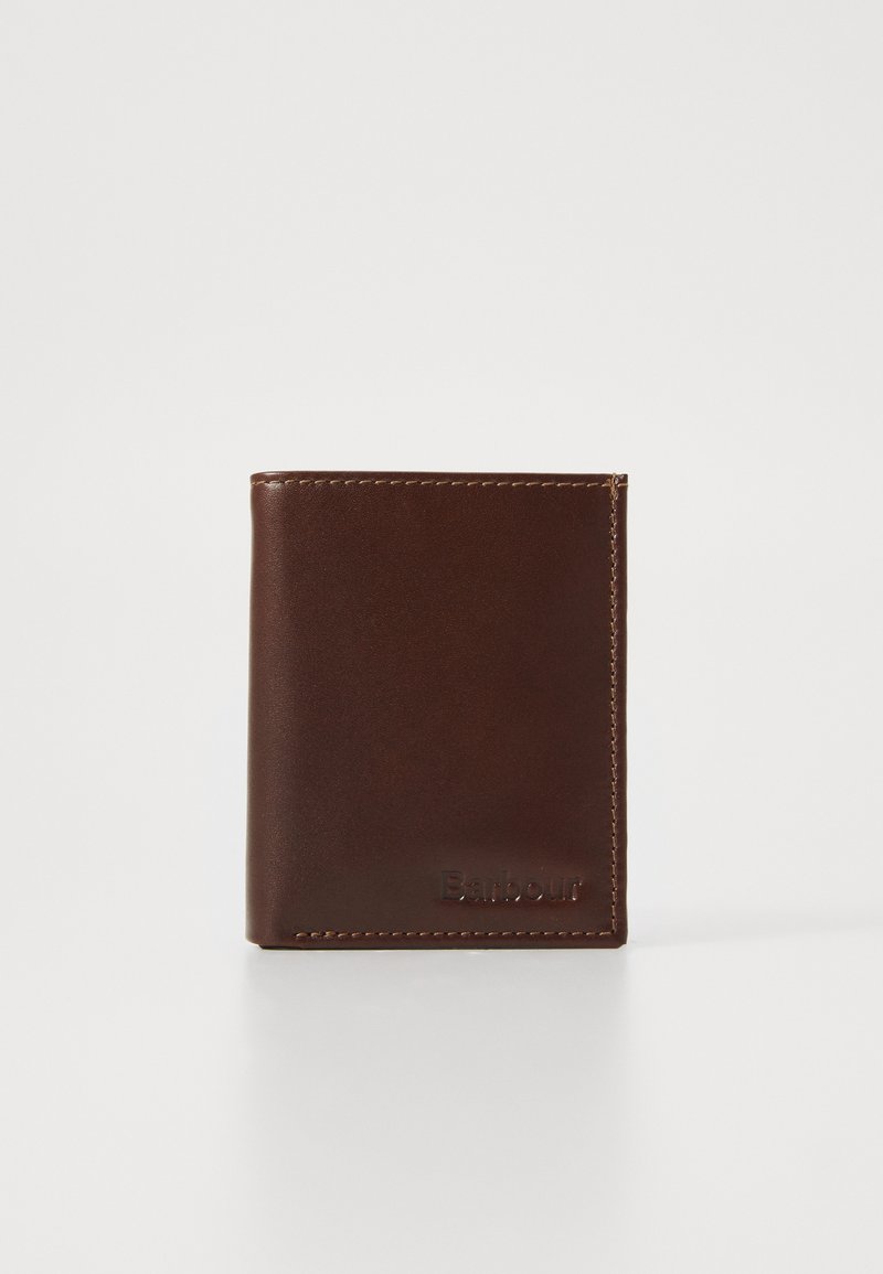 Brown leather wallet, bi-fold design, smooth texture, embossed logo on the front, neat stitching along the edges. Minimalistic style.