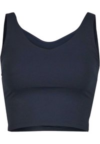 Námornícky crop top vyrobený z elastického materiálu. Má okrúhly výstrih a široké ramenné popruhy s hladkou, priliehavou štruktúrou.
