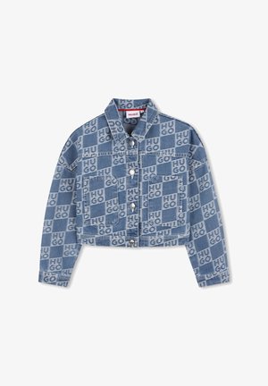 Denim cropped jas met knoopsluiting, voorzakken en een all-over geruit patroon met "HUGO"-tekstvierkanten.
