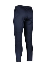 Marineblaue Sporthosen aus glattem, dehnbarem Material mit schmalem Schnitt. Sie verfügen über einen flachen Bund und Nähte an den Seiten.