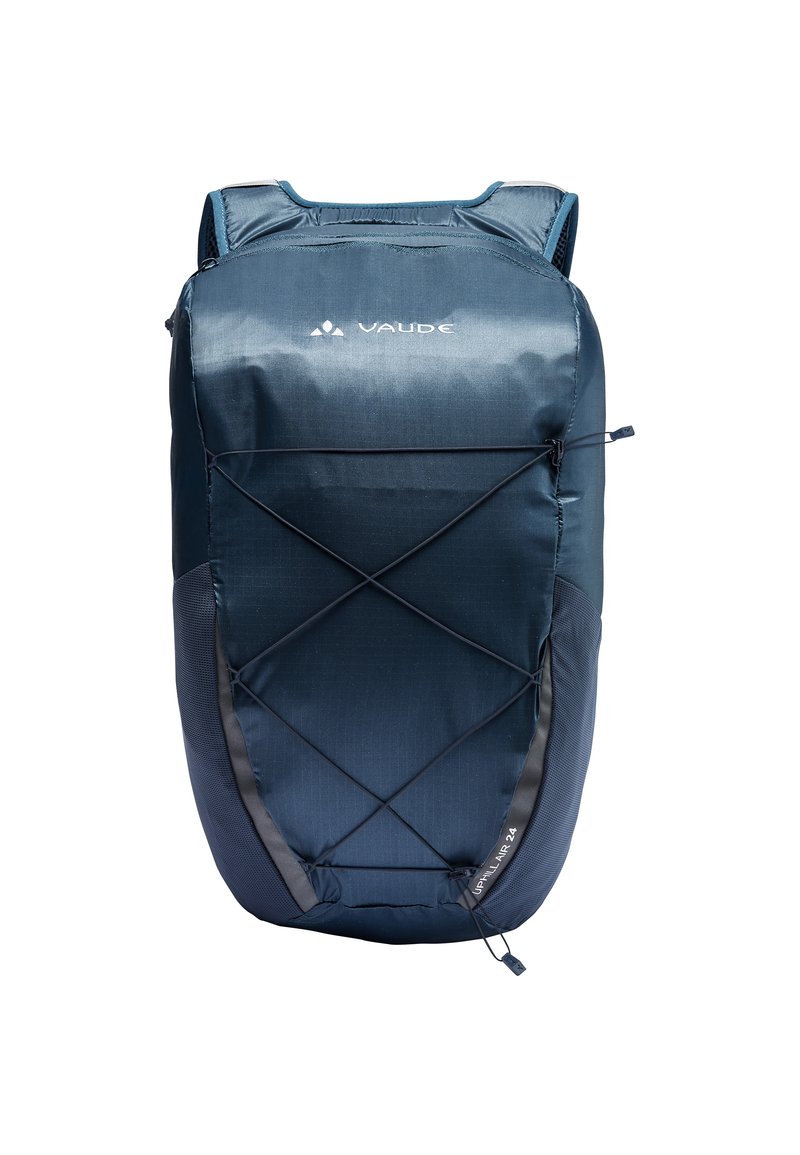 Sac à dos bleu marine avec finition mate, cordon élastique pour un rangement extérieur, et le logo "Vaude" en haut. Bretelles ergonomiques.