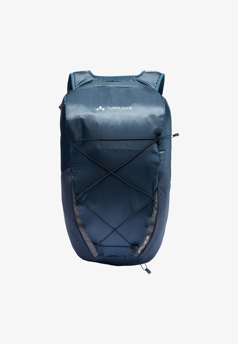 Sac à dos bleu marine avec finition mate, cordon élastique pour un rangement extérieur, et le logo "Vaude" en haut. Bretelles ergonomiques.