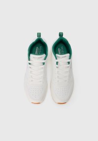 Et par hvite Skechers-sneakers med grønn innersåle og hvite snører, sett ovenfra på en hvit bakgrunn.