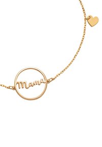 Bransoletka w złotym kolorze z okrągłym zawieszką z napisem "Mama" w skrypcie. Dodatkowa mała zawieszka w kształcie serca przymocowana do łańcuszka.