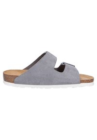 Grå mocka slide sandal med korkfot sula, med två utskurna remmar och en vit gummisula. Minimalistisk design med rena linjer.