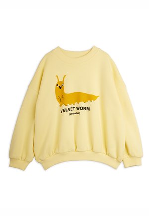 Jasnożółta bluza z prążkowanymi mankietami i krawędzią, z kreskówkowym żółtym aksamitnym robakiem i tekstem "VELVET WORM (peripatus)" z przodu.