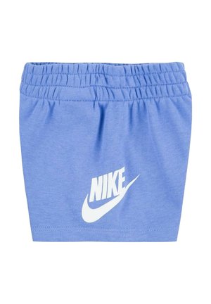 Pantaloni corti di cotone azzurro chiaro con vita elastica. Presentano un logo Nike bianco stampato sul davanti. Texture liscia e design casual.