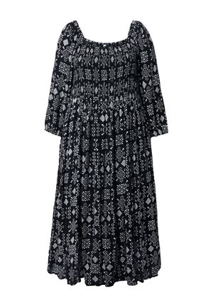 Zwarte midi-jurk met witte bloemen- en geometrische patronen, lange opgeblazen mouwen en een vierkante halslijn.