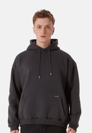 Dark gray hoodie made from soft material, featuring a front pocket, drawstring hood, and metallic accents on the drawstrings.