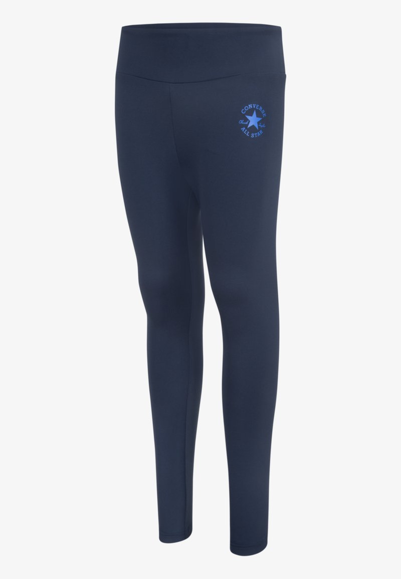 Leggings navy en tissu extensible, dotés d'une taille haute et d'un logo imprimé bleu avec une étoile sur la hanche.