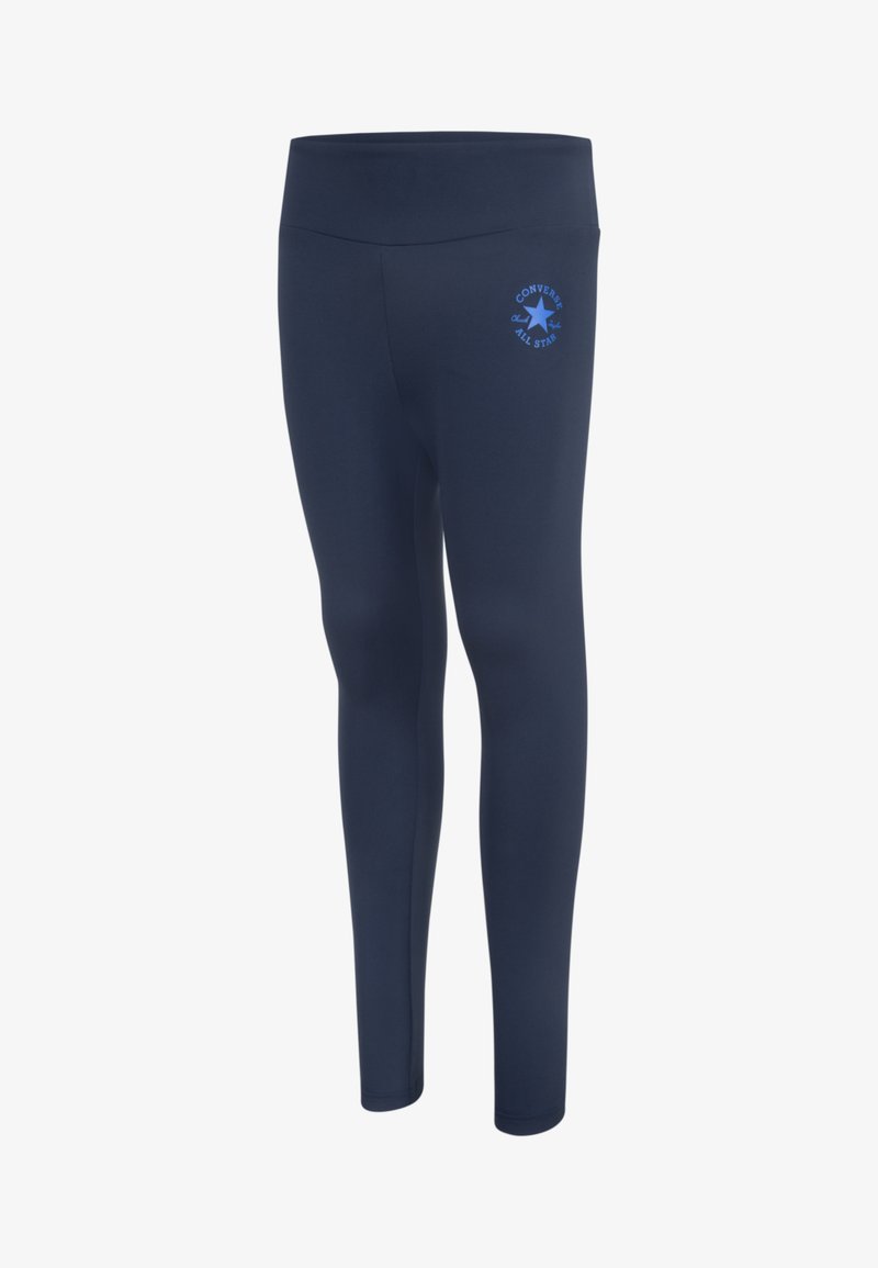 Leggings azul-marinho feitos de tecido elástico, com uma cinta alta e um logótipo azul impresso com uma estrela na zona do quadril.