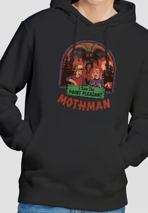 Black hoodie with a graphic showing two kids holding a green sign that reads "I Saw The Point Pleasant Mothman" beneath a large moth creature.