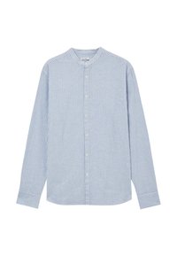 Camicia a maniche lunghe a righe blu e bianche con colletto a banda, chiusura frontale con bottoni e orlo dritto. Materiale in cotone con una texture liscia.