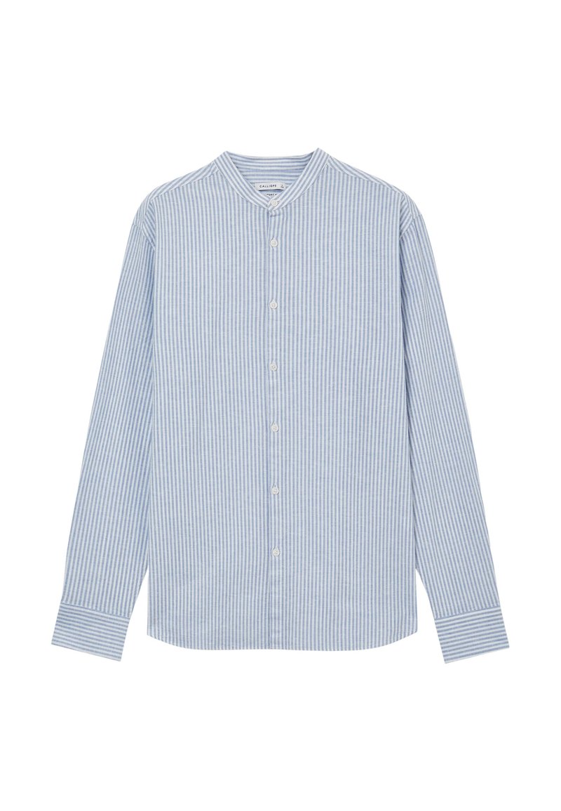 Camicia a maniche lunghe a righe blu e bianche con colletto a banda, chiusura frontale con bottoni e orlo dritto. Materiale in cotone con una texture liscia.