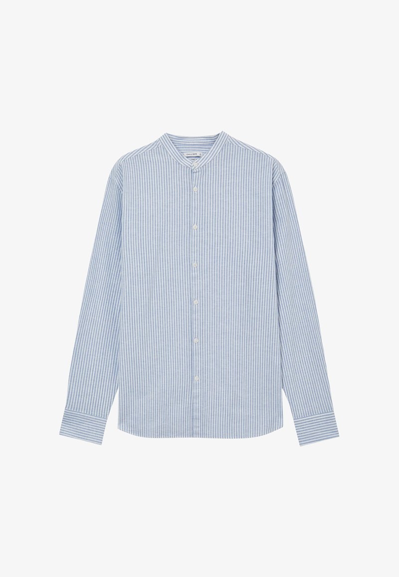Blau-weiß gestreiftes Langarmhemd mit Stehkragen, Knopfleiste vorne und geradem Saum. Baumwollmaterial mit glatter Textur.