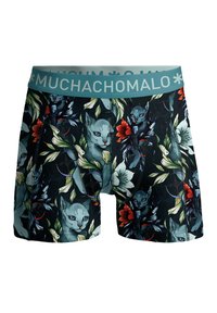 Heren boxershorts met een donker bloemenpatroon en kattenillustraties. Gemaakt van zachte stof, met een teal-elastische tailleband met de merknaam.